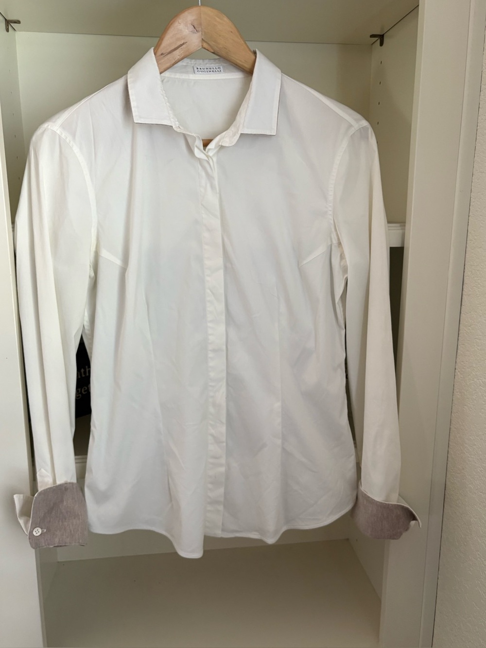 Brunello Cucinelli white shirt button up with beige cuff & inside collar size L